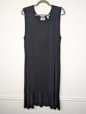 Chico's Travelers Dress Midi Slinky Knit Ruffle Minimalist Neutral Black Size L